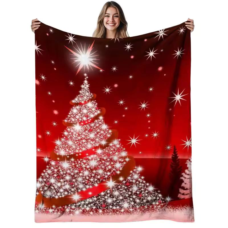 VIKAMA Christmas Throw Blanket Star Tree Red Ribbon Shimmer Soft Plush Fleece Couch Sofa Blanket Cozy Warm Holiday Decor