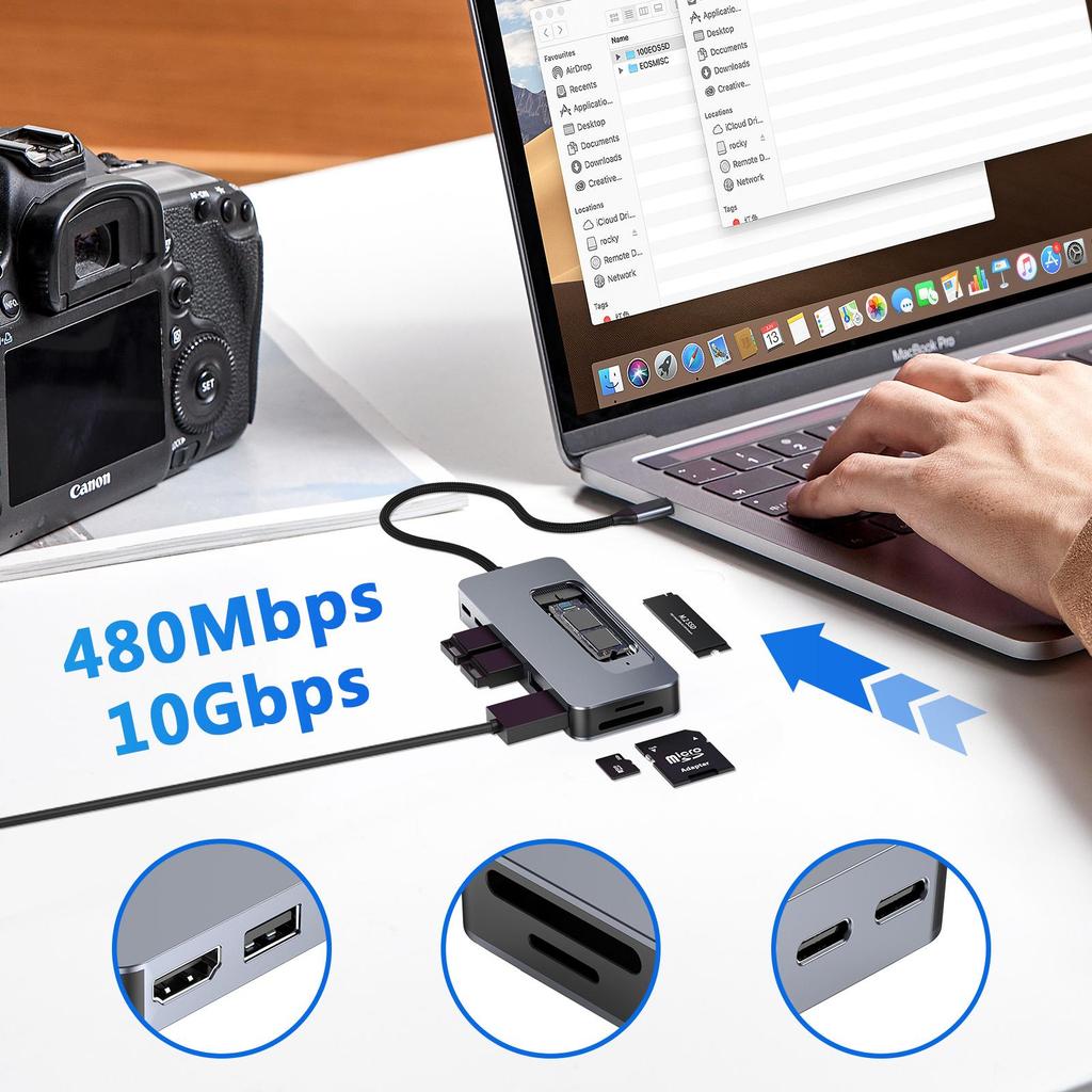 USB-C хаб с корпусом для M.2 SSD, док-станция USB C 9-в-1, подходит для M.2 NVMe SSD, 10 Гбит/с, HDMI 4K@60 Гц, 100 Вт PD, кардридер SD/TF