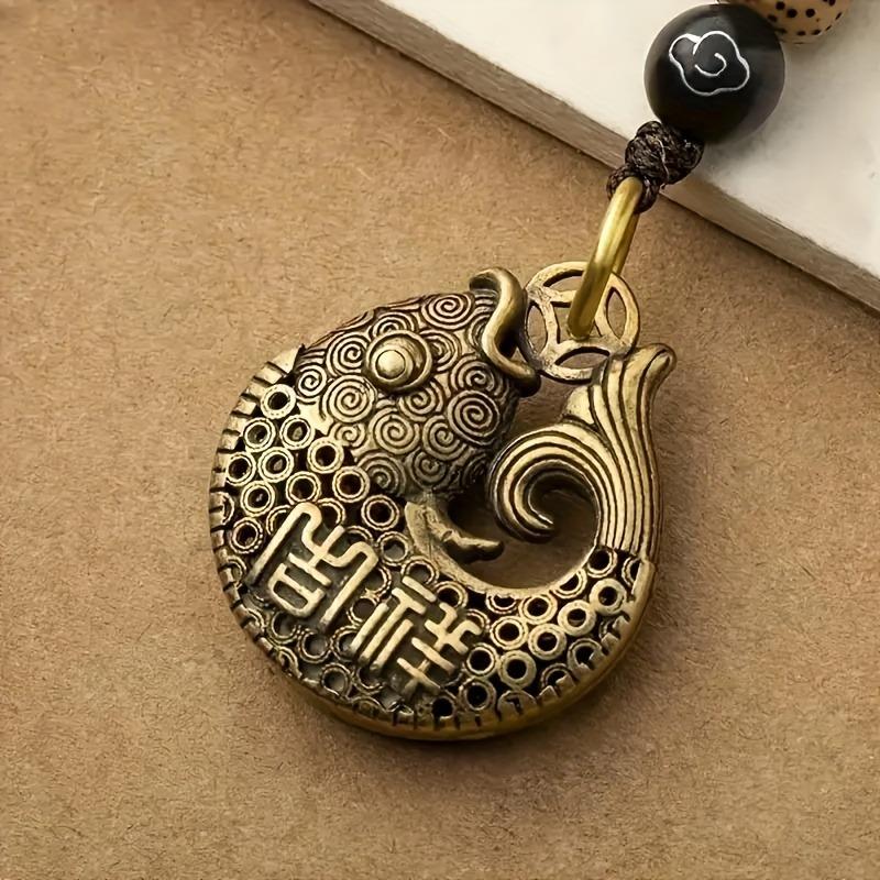 1pc Hand-braided Rope Pure Brass Metal Auspicious Goldfish Retro Pendant Car Keychain Hollow Design Pendant Creative Gift For Men