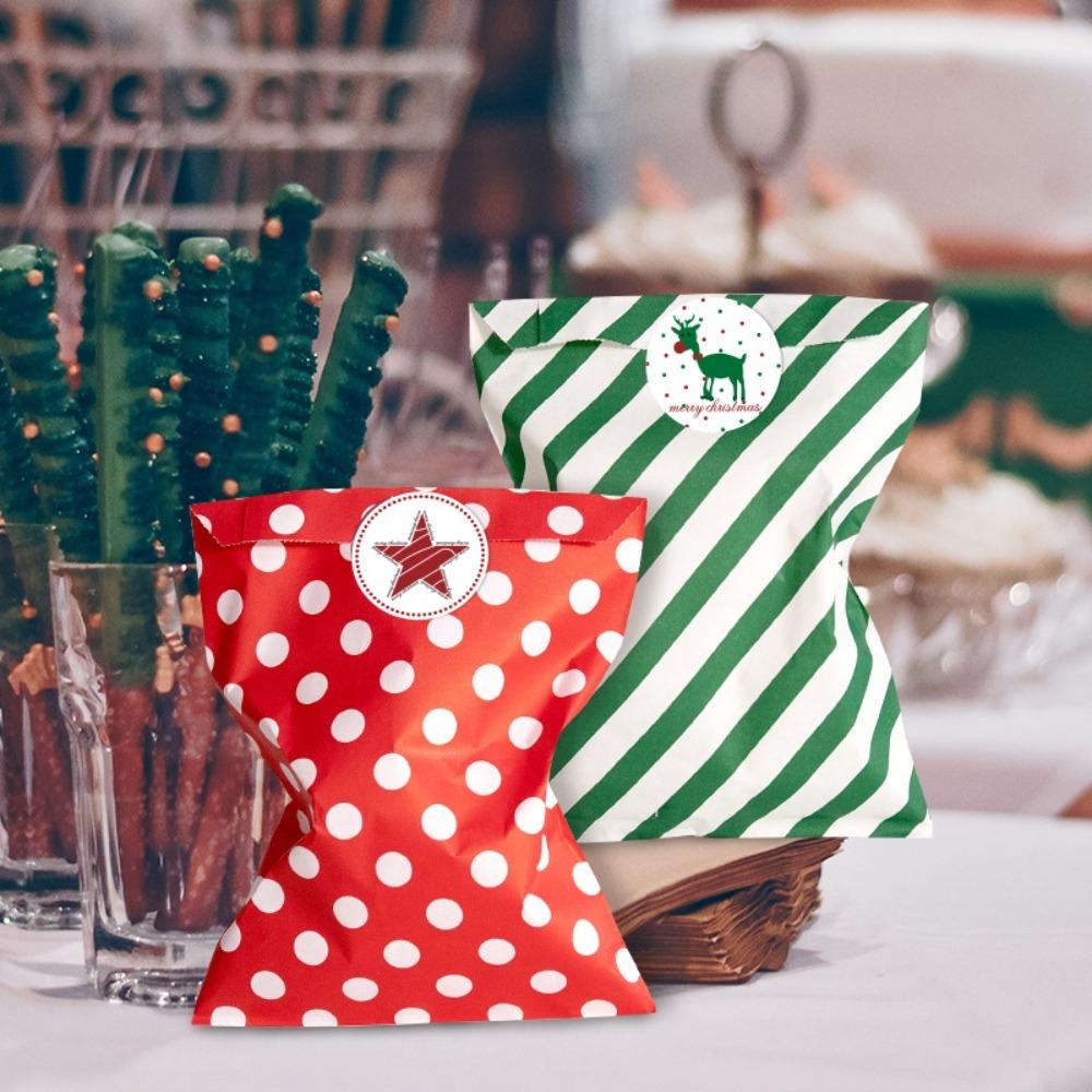 24Pcs Polka Dot Striped Pattern Christmas Paper Candy Bag with Stickers Green/Red Christmas Gift Paper Bags Mixed Style