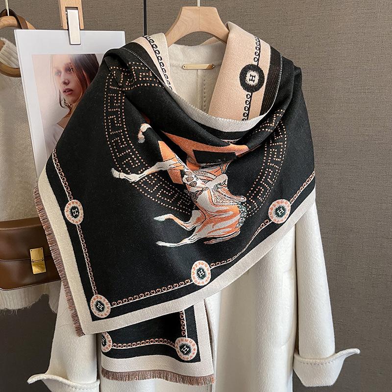 185x65cm New Fashion Pony Pattern Cashmere Scarf for Women Winter Acrylic Scarf Fashionable and Versatile Warm Shawl