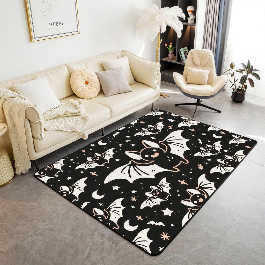 Erosebridal Moth Skull Moon Area Rug 4'11" x 3'3" Bohemian Stars Exotic Living Room Rugs Starry Sky Mysterious Decorative Carpet Black and W