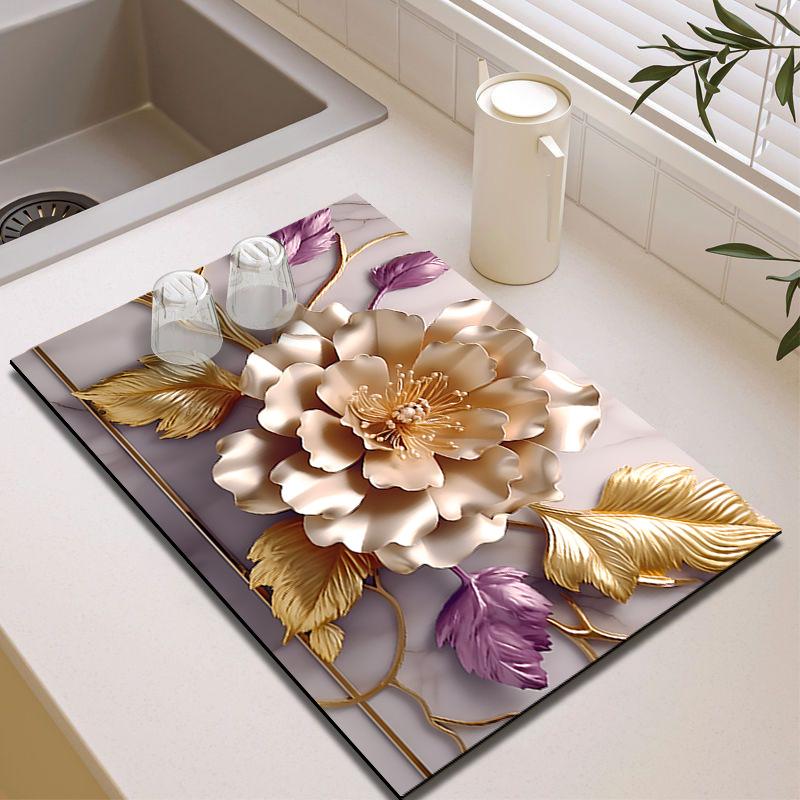 3D Floral Diatom Mud Drain Pad - Теплоизоляционный, Быстросохнущий, Нескользящий Коврик для Кухни