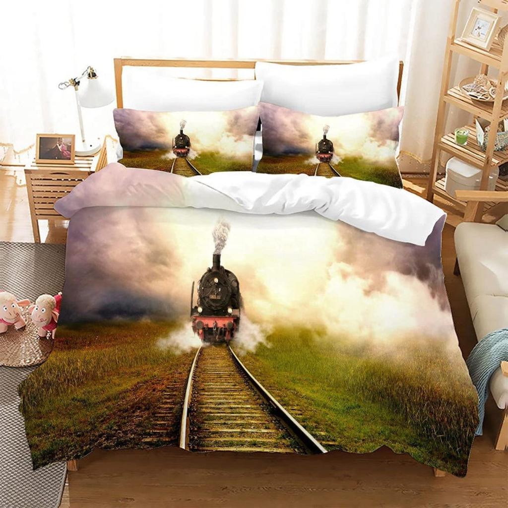 Красно-серый паровой двигатель пододеяльник локомотив красно-черный поезд на стальных железнодорожных путях путешествие приключения графическое украшение спальни