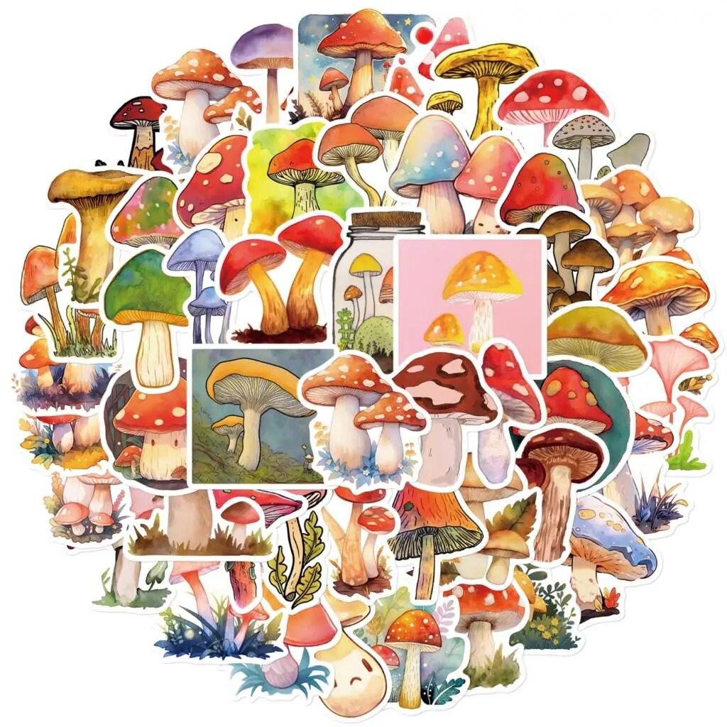 10/50PCS Cartoon Watercolor Mushroom Stickers Aesthetic Graffiti Stickers for DIY Luggage Laptop Skateboard Bicycle Stickers