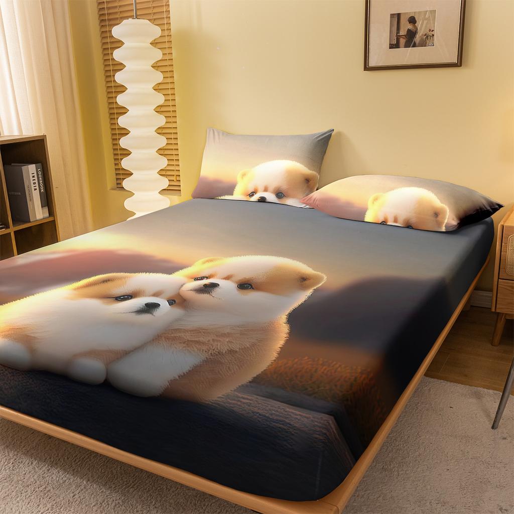 1 Cartoon Cute Animal Dog Digital Printed Frosted Fitted Sheet,bedroom Printed Bed Cover,bedding(No Pillowcase)