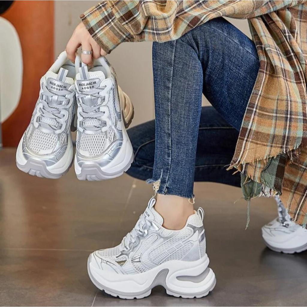 10cm Synthetic Air Mesh Genuine Leather Vulcanize Chunky Sneakers Summer Autumn Leisure Spring Women Platform Wedge Pumps