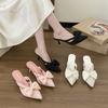 High-heeled Half-bag Head Slippers Women's Spring and Summer 2025 French Pointed Bow Hollow Fairy Style Pink Sandals