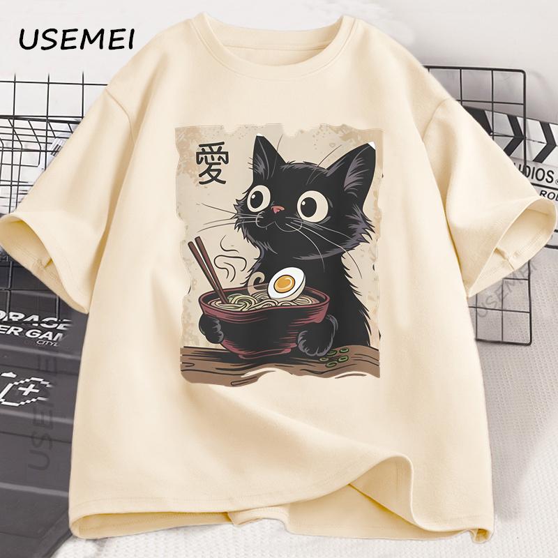 Смешная футболка с котом и раменом, графическая футболка, японская каваий аниме футболка с котом, мужская, женская, повседневная, с коротким рукавом, хлопковая футболка