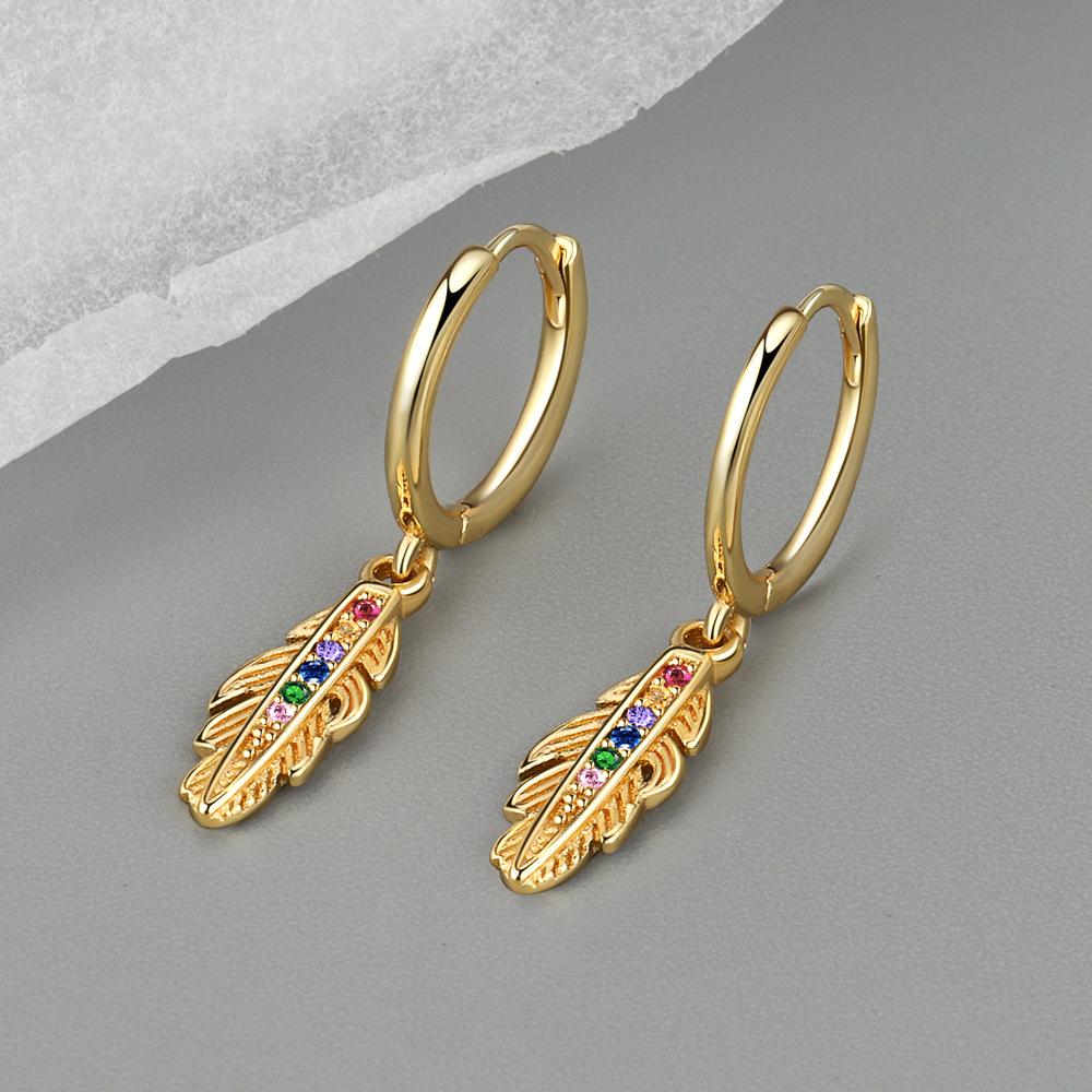 Luxury Metal Feather Earrings With Colored Stones And Zirconia High End Hoop Earrings For Women Elegant Jewelry