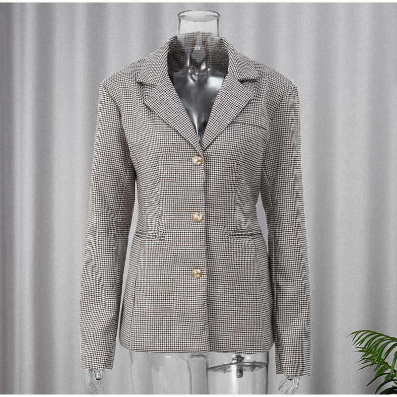 Women Lapel Long Sleeves Plaid Jacket Khaki Woman Commute V Neck Loose Coat Female Fashion Charm Office Street Outercoats