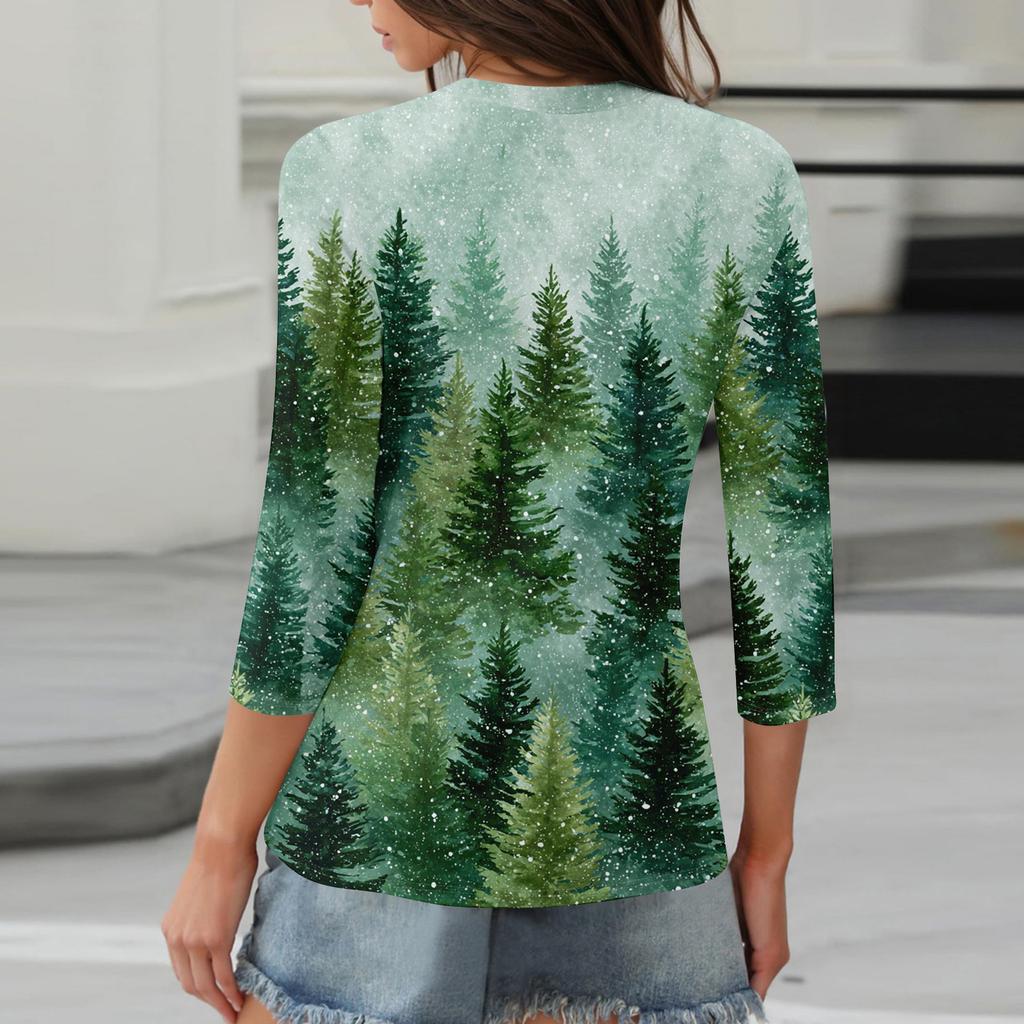 3/4 Length Sleeve Womens Tops Floral Print Vintage Fashion Casual Loose With Round Neck Plus Size Shirts