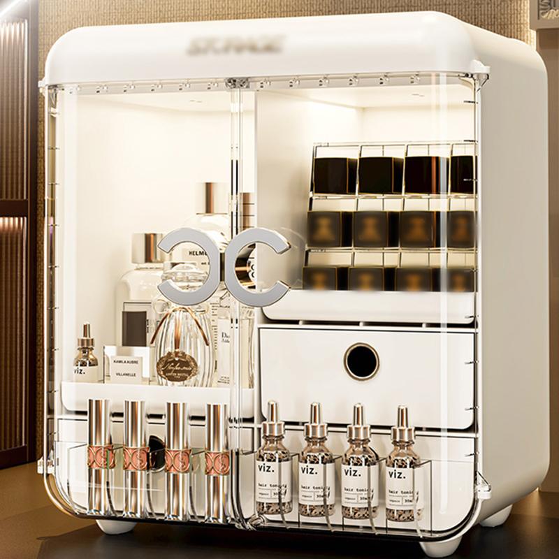 Cosmetics Storage Box Luxury Dustproof with Drawer Skincare Makeup Organizer Large Capacity Home Storage with Cosmetic Mirror