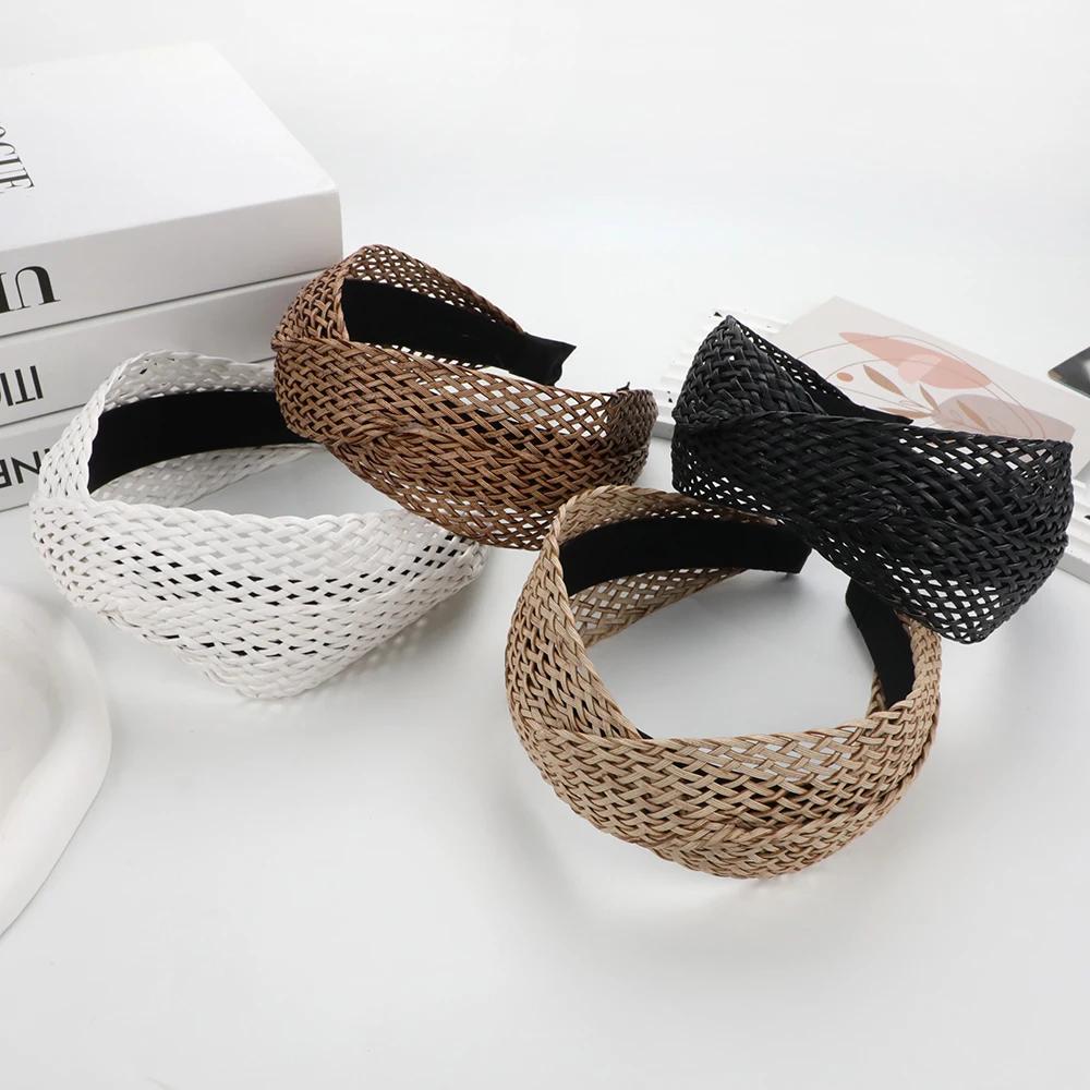 Богемная пляжная соломенная плетеная повязка на голову с перекрестным узлом, женская широкополая плетеная вручную повязка для волос, дорожный праздничный головной убор, аксессуары