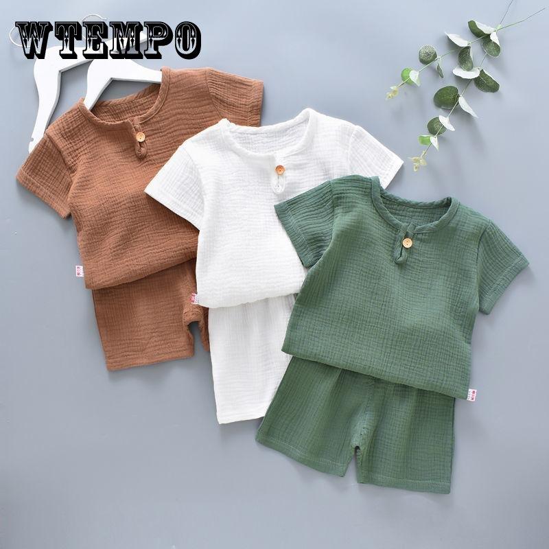 Baby Suit Leisure Sports Girls Boys T-shirt + Shorts Suit Pajamas Children's Clothing Two Piece Set Pleated Thin Summer Suit