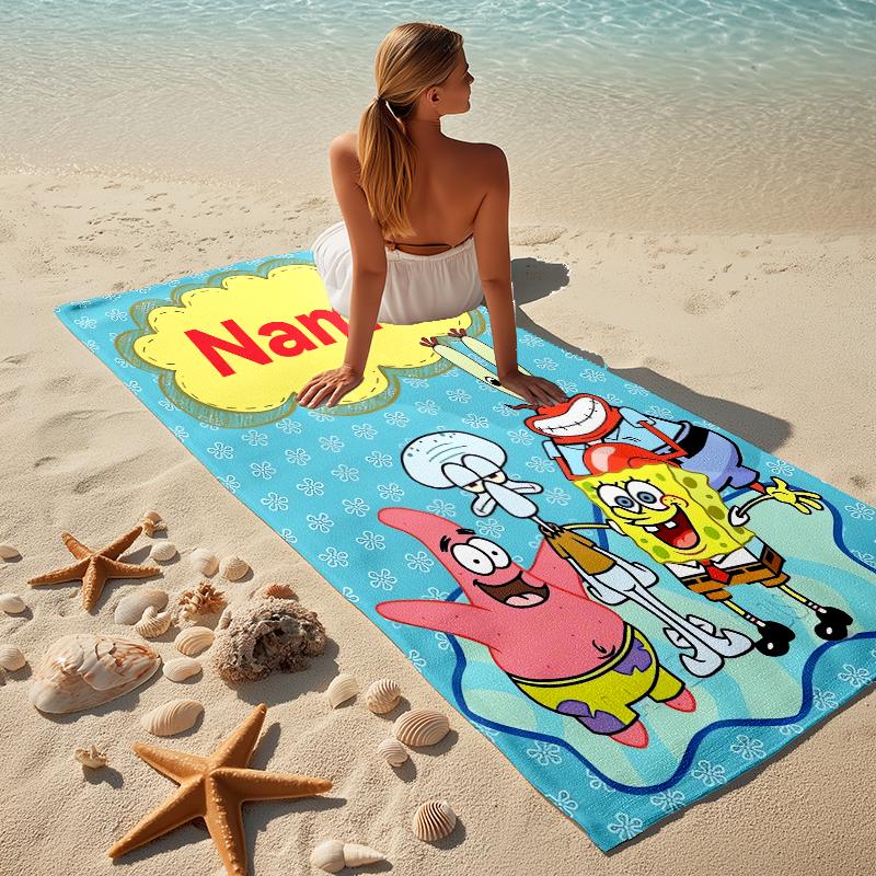 Custom Name SpongeBob Art Stylish Digital Printing Beach Towel Quick‑Drying Absorbent Blanket for Beach Pool Gym Travel