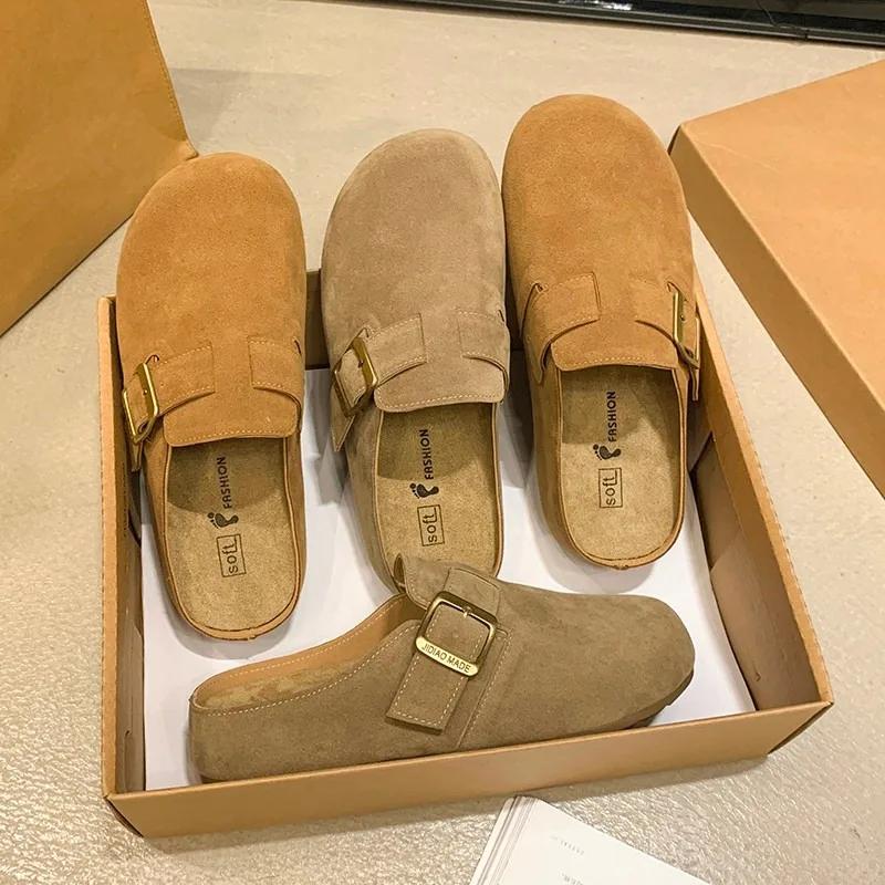 Fashion 2024 Spring Women's Closed Toe Slippers Suede Leather Clogs Sandals for Women Retro Fashion Garden Mule Clog Slides