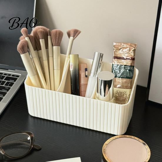 Vertical Relief Container Desktop Storage Box with Three Compartments, Stripes Plastic Dresser Bin Organizer, Space Saving for Cosmetics And