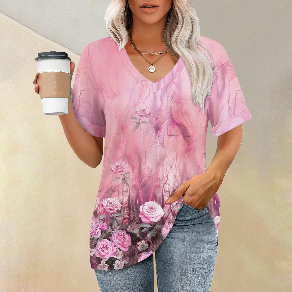 Футболка с коротким рукавом и V-образным вырезом с принтом растений