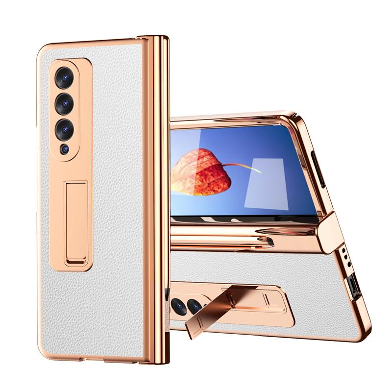 Fully Protected Electroplated PC Leather Bracket Hinge Phone Case For Samsung Galaxy Z Fold 5 4 3 2 Screen Protector With S Pen
