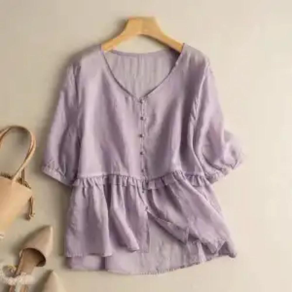 Японская хлопково-льняная женская рубашка с коротким рукавом, свободная и стройнящая, с темпераментным V-образным вырезом, кукольная рубашка-топ