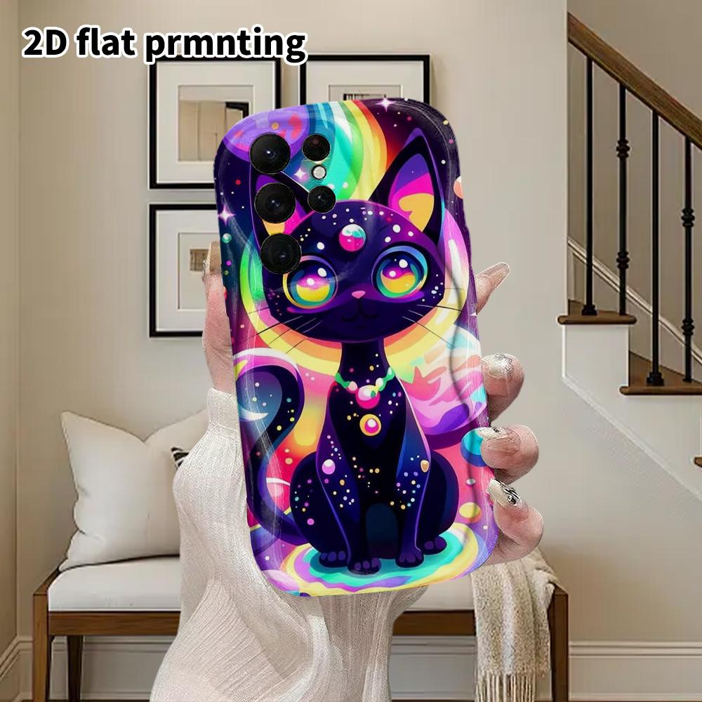 Phone Case: 2D Flat Samsung Galaxy A34 A35 M05 M06 S20 S22 S21 FE Plus 5G Protective Case, Couples Style, Neon Black Cat, Christmas and Halloween Gift