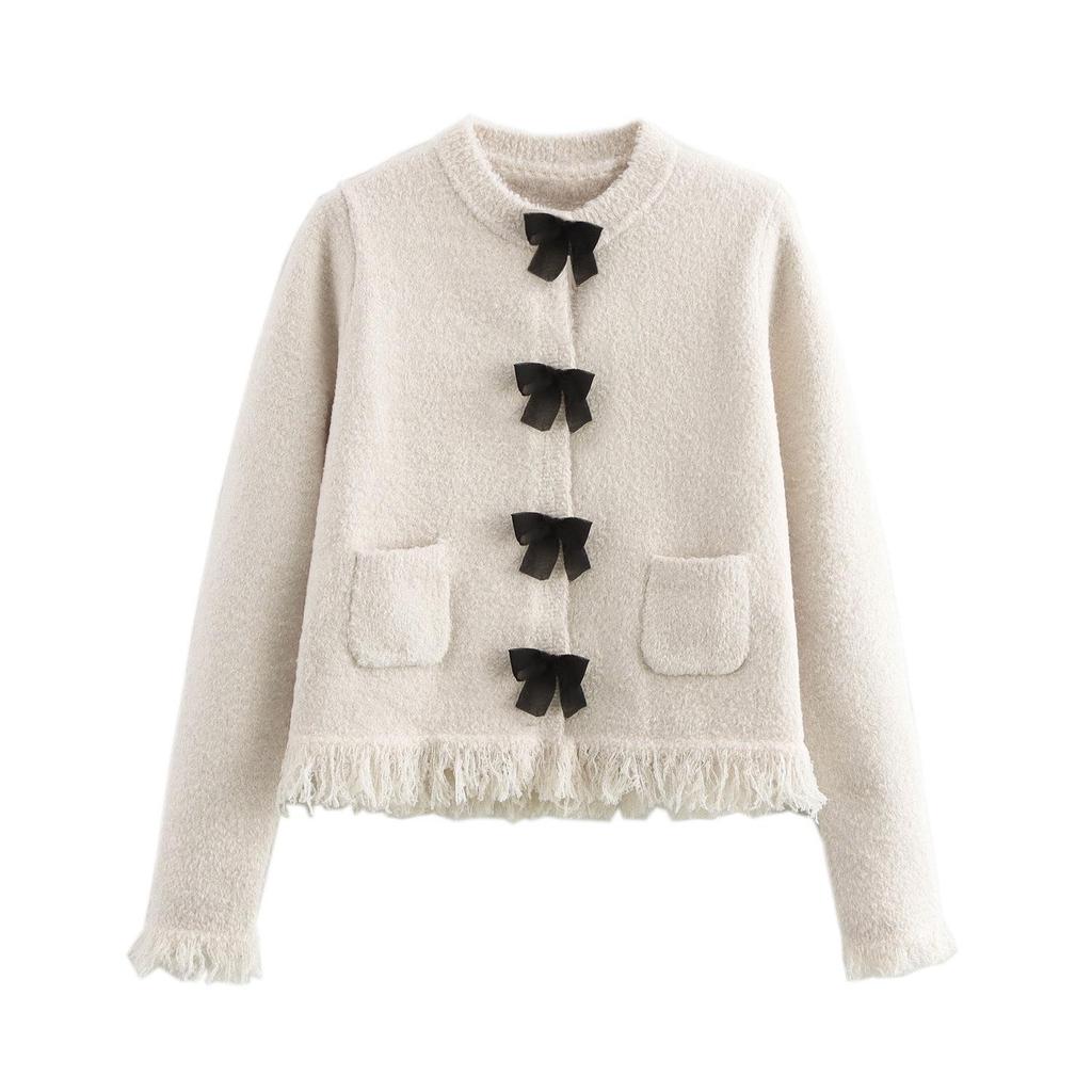 Autumn 2024 Women's Knitted Jacket & Bow Mini Skirt Set