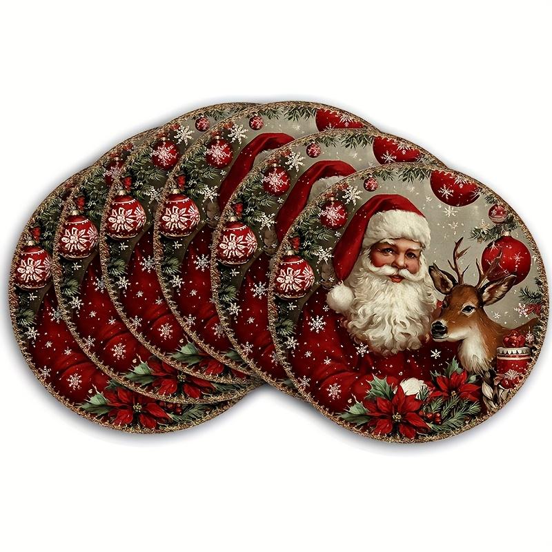 4pcs/6pcs Vintage Christmas Round Placemats, Washable Linen Table Mats Featuring Santa, Reindeer, Red Ornaments, and Poinsettias, Ideal for Kitchen Ta