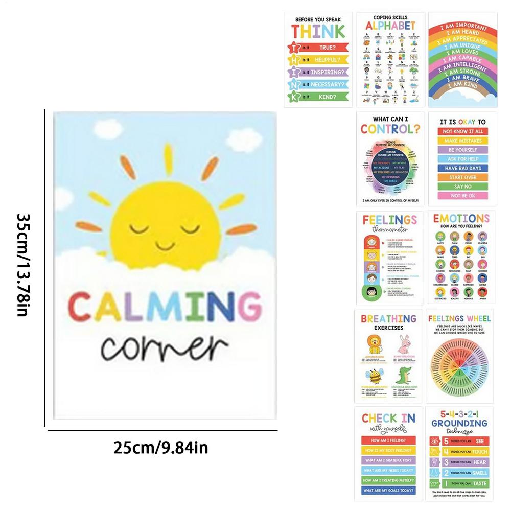 New Calming Corner Posters 12 Pieces Mental Health Posters Classroom Emotions Chart Wall Art for Daycare Library Program Space