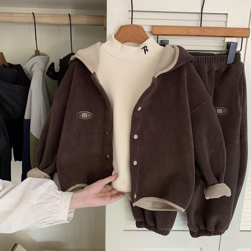 Kino Boys' Winter Fleece Set: Korean Style Thickened Warm Coat and Casual Pants Two-Piece