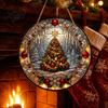 Round Stained Glass Xmas Ornaments Style Acrylic Window Hanging, Christmas Tree Snow Scene Indoor Party Decorations Suncatcher, Door Home Decor