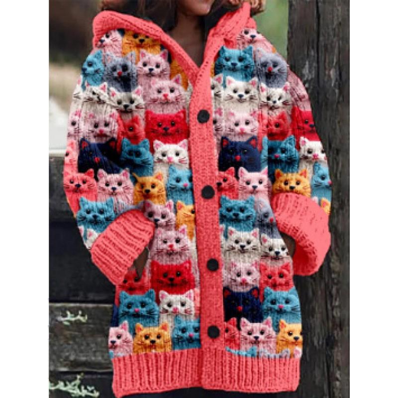 Halloween Animal 3D Print Hooded Cloak Coat Womens Streetwear Casual Long Cardigan