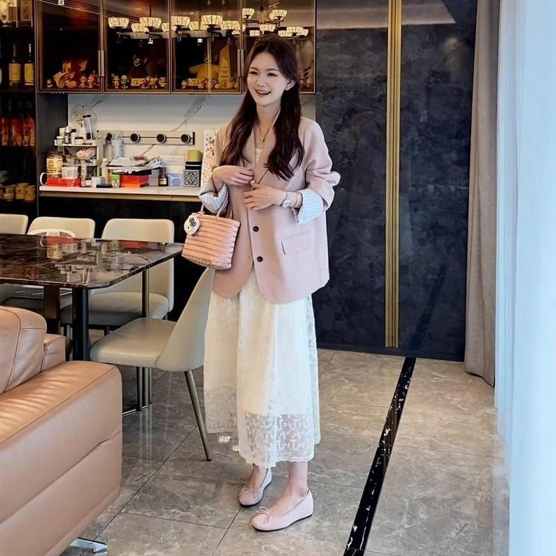 Elegant Summer Polyester Lace Midi Dress For Women With Waistcinching Design