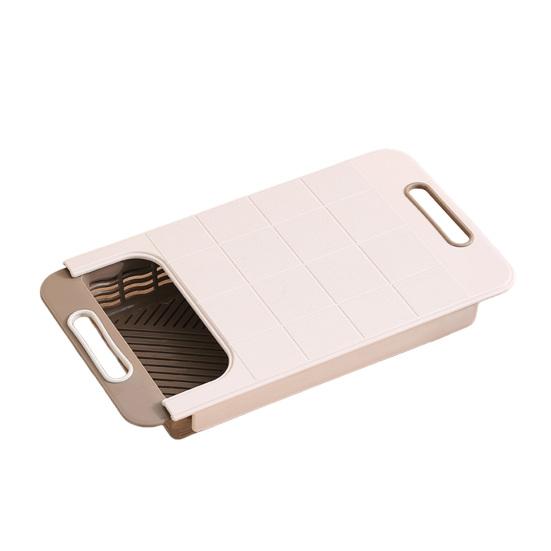 Cutting Board with Strainer Colander Retractable Plastic Board Extended Size Space-Saving with Handle Draining Tray for Kitchen