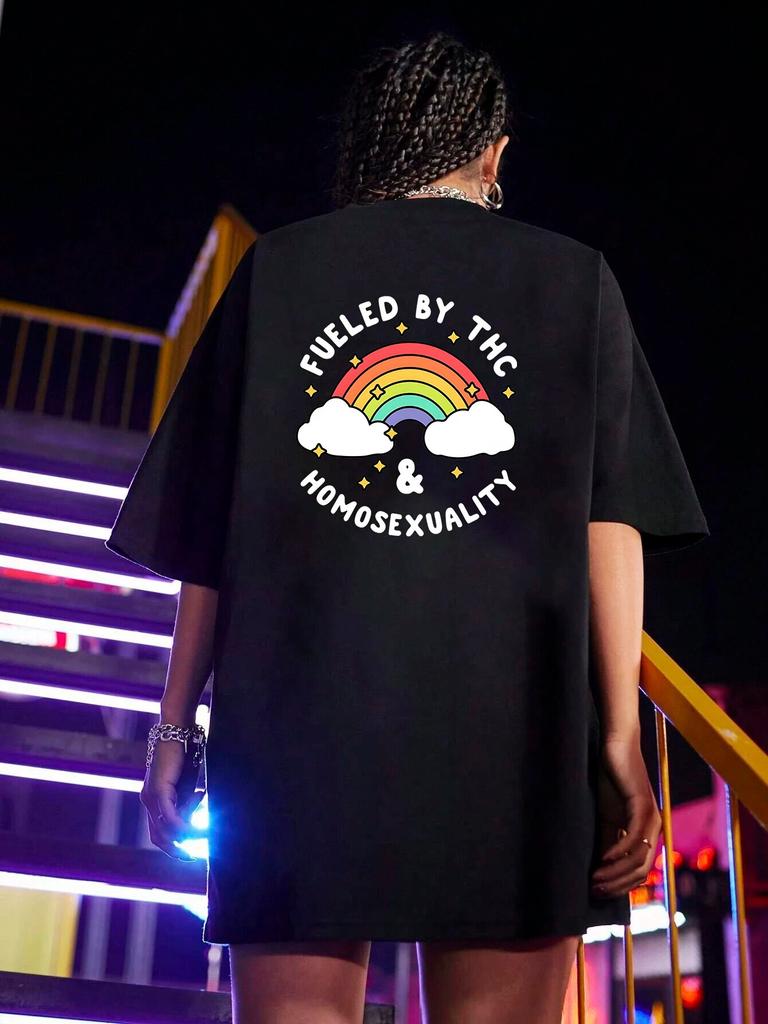 Корейская женская футболка с радужным принтом, женские хлопковые белые футболки, свободные футболки с короткими рукавами и круглым вырезом FeUnisex, одежда