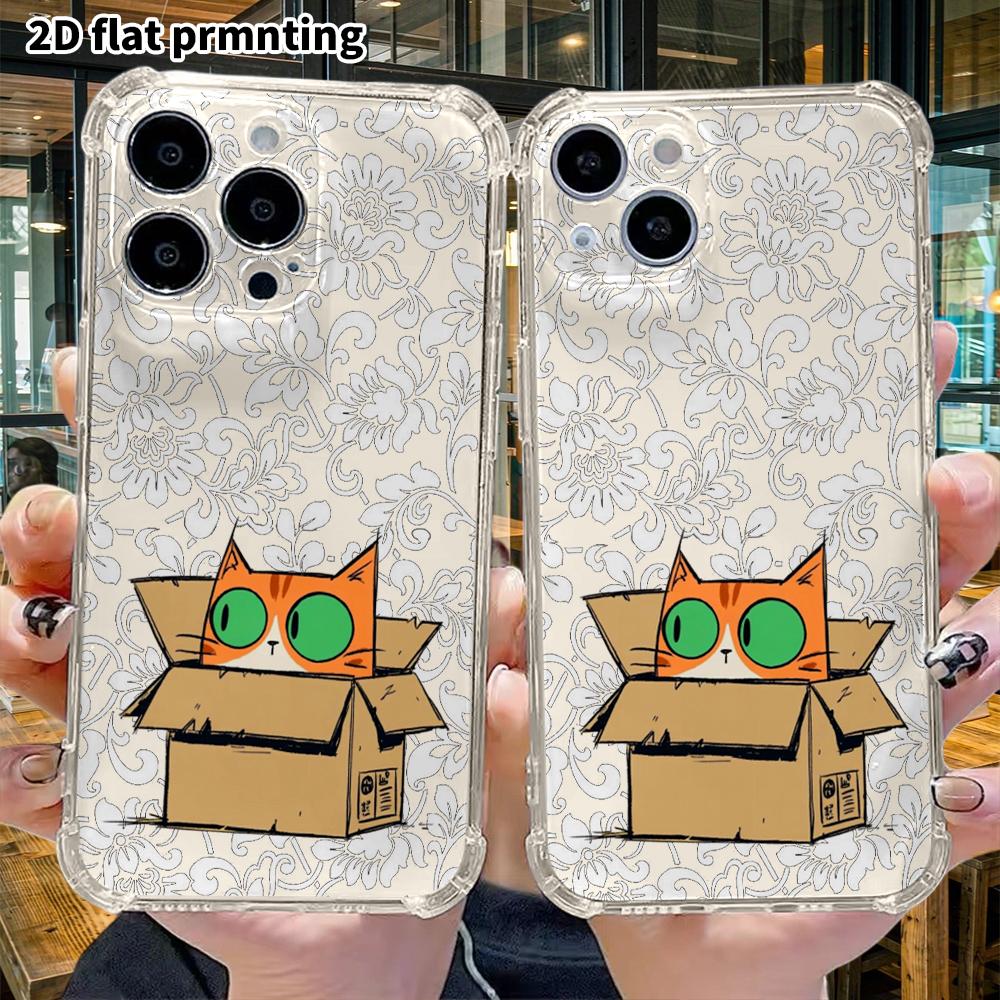Чехол для телефона: 2D плоский подходит для iPhone 18 17 16 15 14 13 Pro, прозрачный с защитой углов, картонный оранжевый кот, подарок на Рождество и Хэллоуин