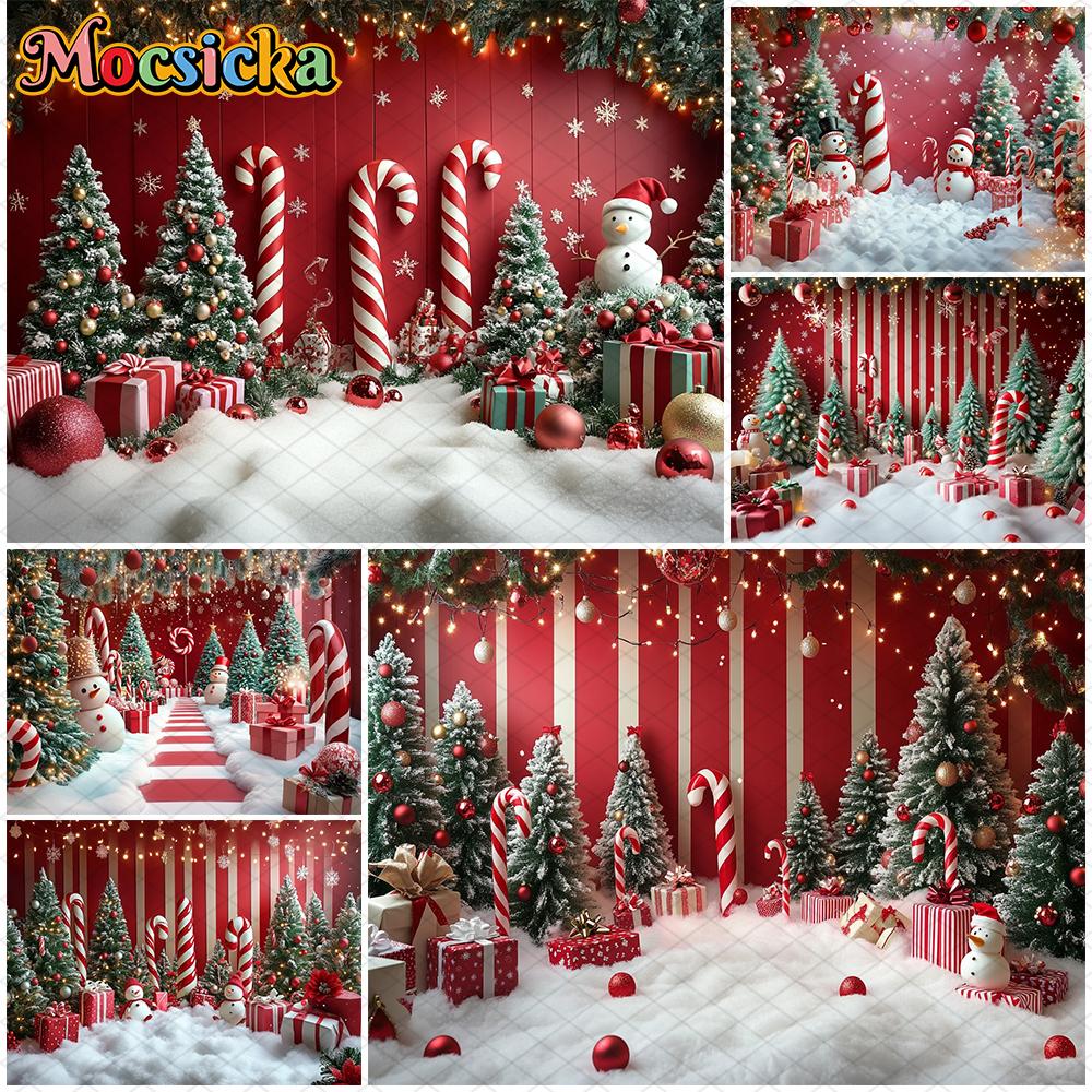 Mocsicka Рождественская вечеринка Фотофон для фотосессии Новый год Рождественская елка Леденец Красная стена Украшение Зима Снег Детский Фотофон