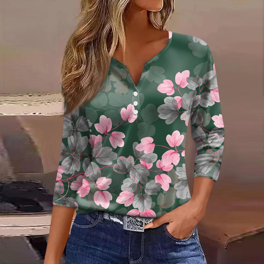 Women's T Shirt Tee Print Button 3/4 Sleeve Daily Weekend Fashion Basic V Neck Regular Top