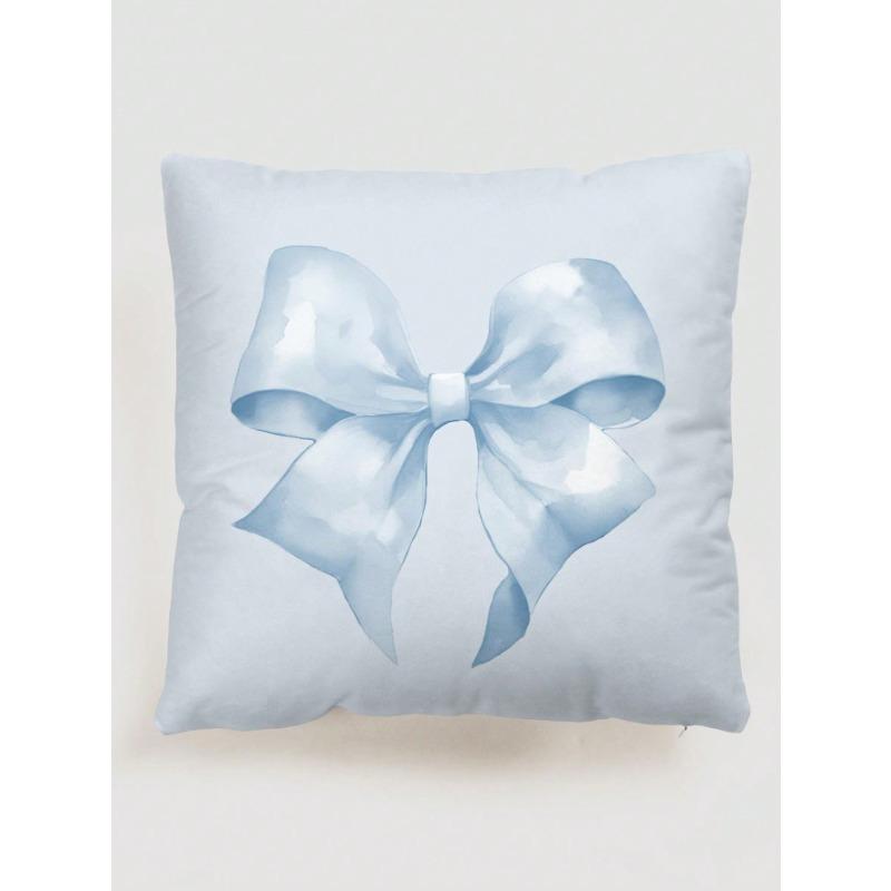 Kawaii 1pc Easy Hand-Painted Romantic Light Blue Bowknot Knot Pattern Pillowcase (Without Pillow Core), Velvet Printed Square Cushion Cover, for Daily