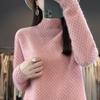 Women's Autumn Winter Thick Wool Sweater - Korean Style Half High Collar, Hollow Out Floral Design