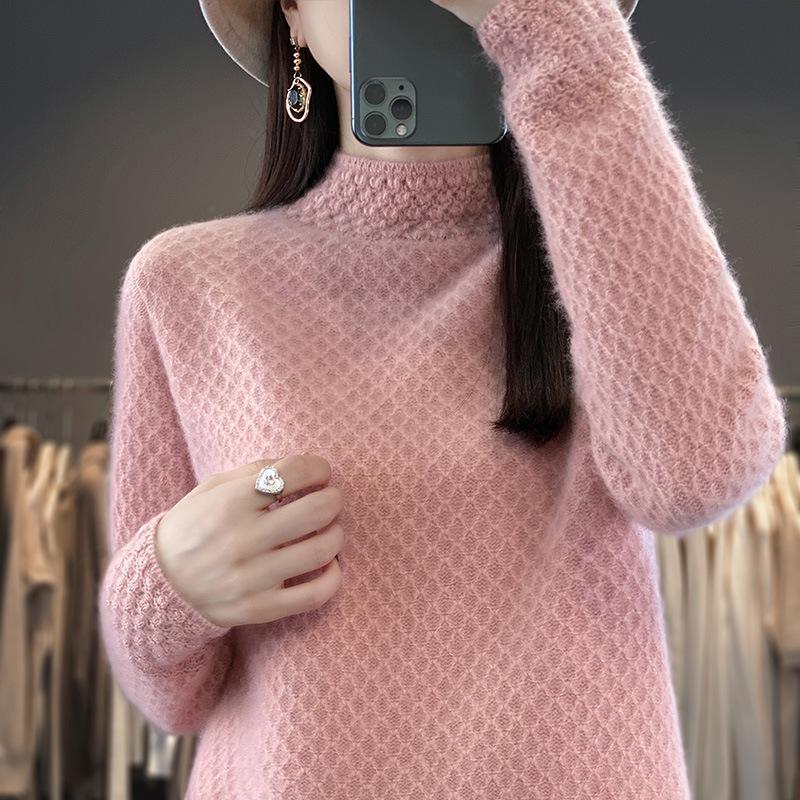 Women's Autumn Winter Thick Wool Sweater - Korean Style Half High Collar, Hollow Out Floral Design