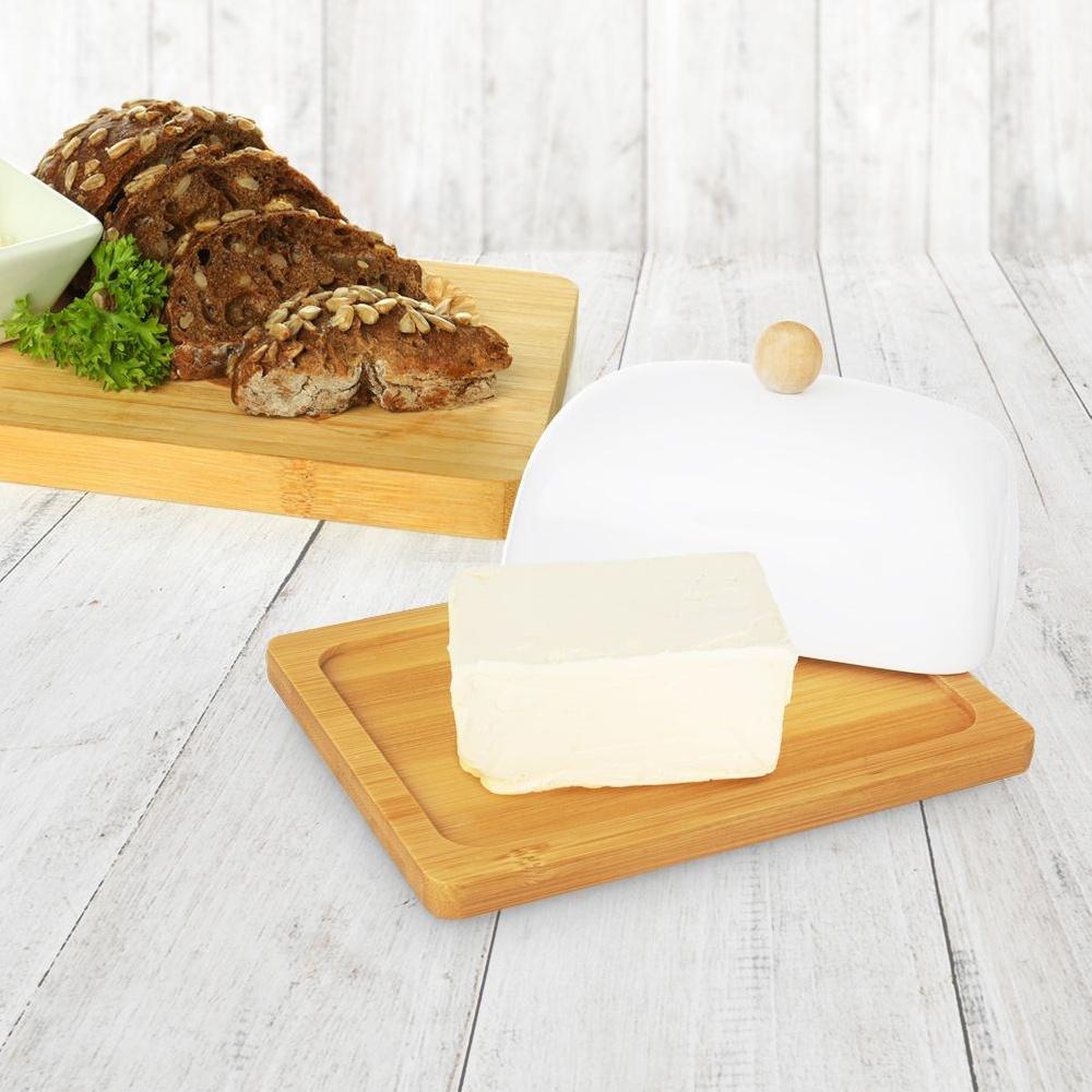 Orion Whiteline Porcelain Butter Dish with Bamboo Base and Lid 16 x 13 cm