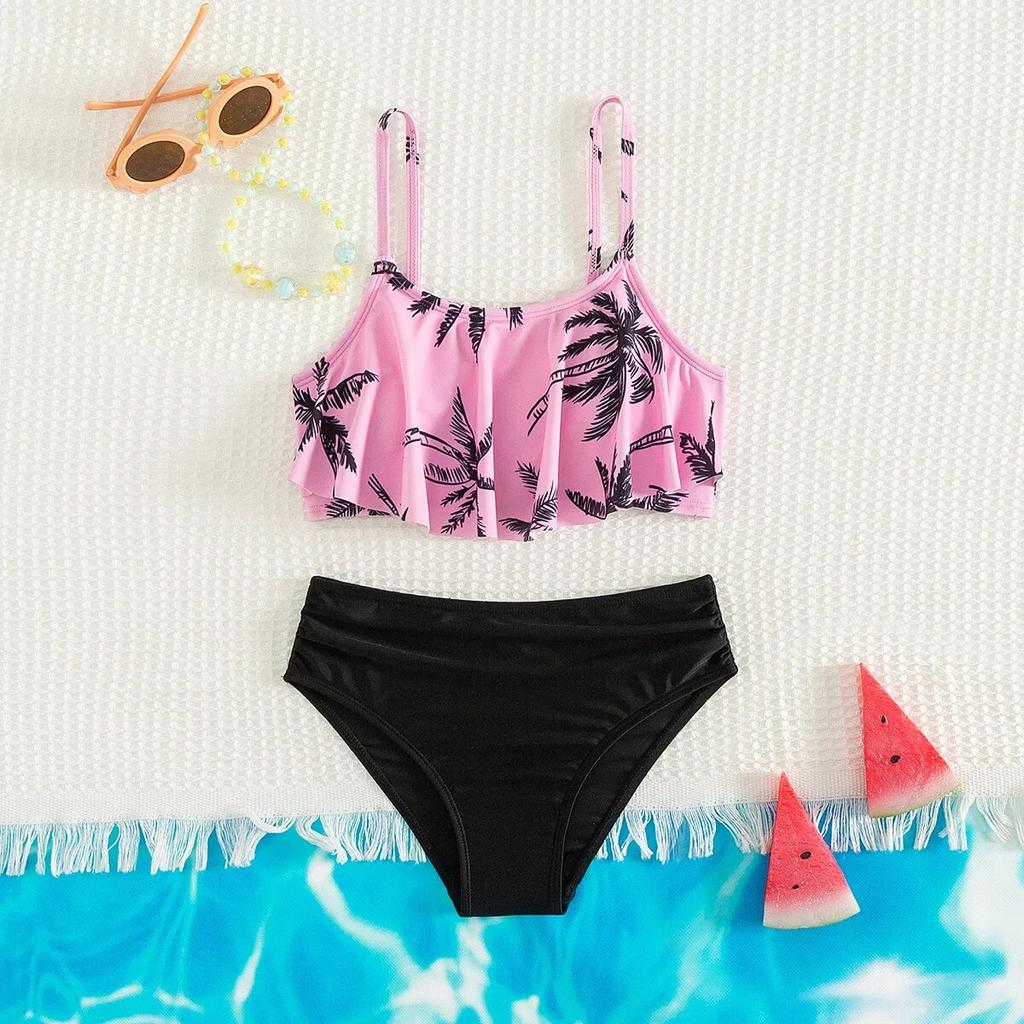 Black+pink Flounce Girls Two Piece Swimsuit Teen Girls Tie Side Bikini Sets 7-14 Years Girls Bathing Suit Swimwear