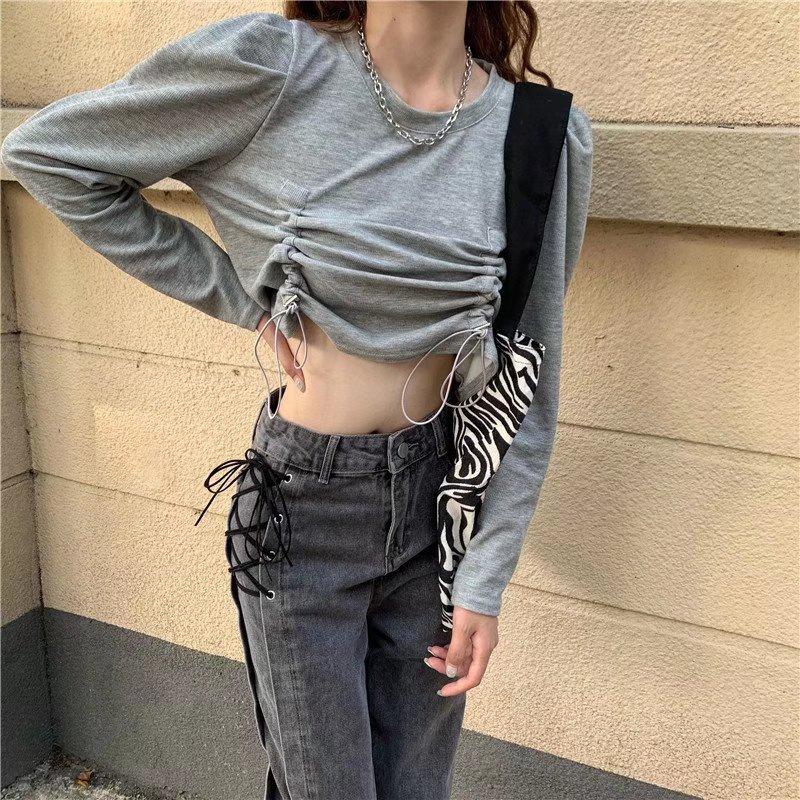 Autumn new high waist loose design straps black gray straight wide leg jeans women
