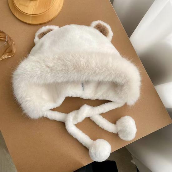 Women Plush Hat with Cute Bear Ears Soft Fuzzy Warm Thick Lace-up Windproof Strap Autumn Winter Outdoor Cycling Girls Ear Protection Cap Gift Choice