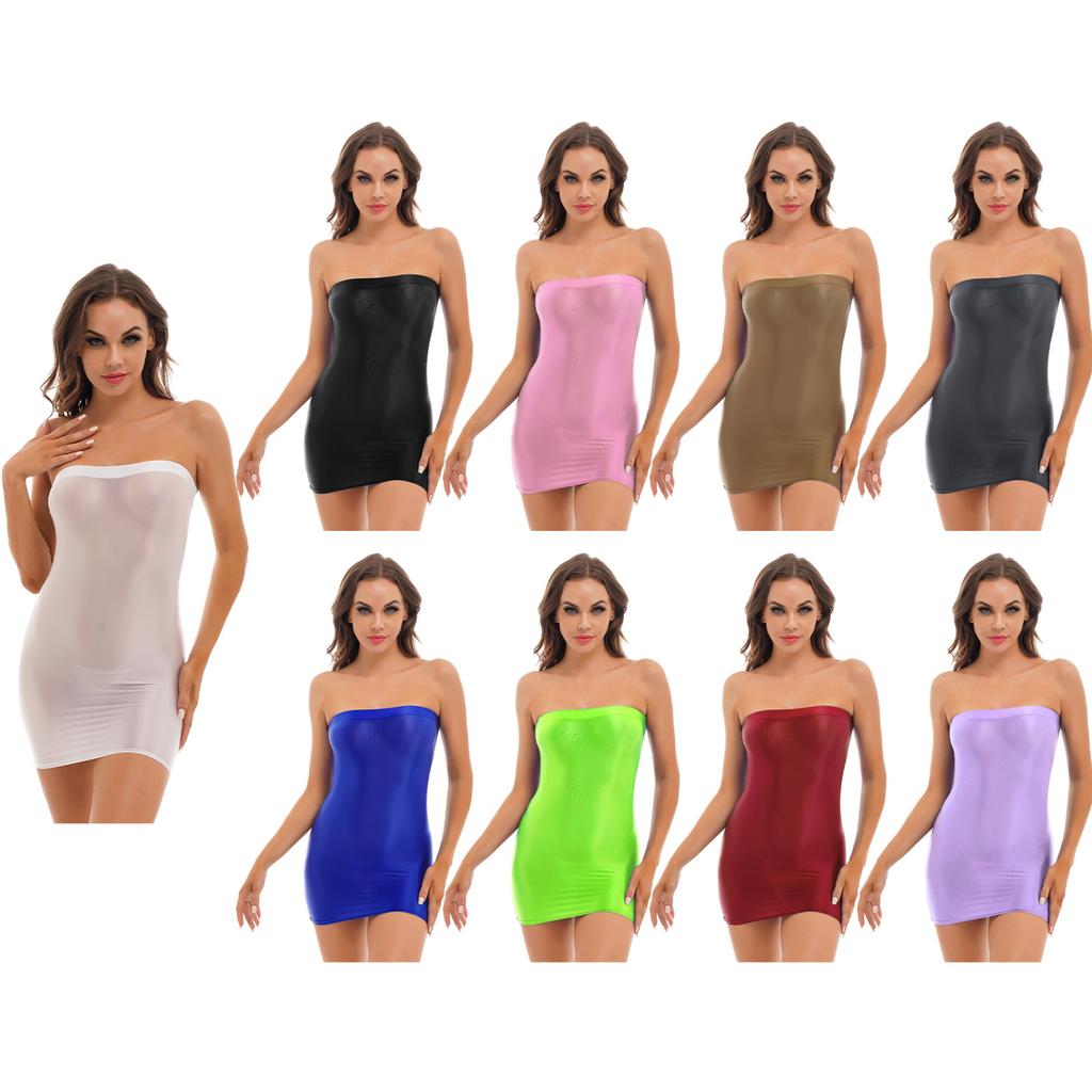 Womens Glossy Off Shoulder Sleeveless Slim Dress Stretchy Bodycon Mini Dresses