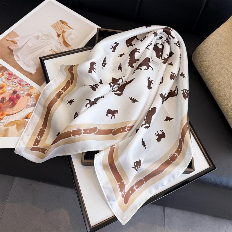 Versatile Equestrian Printed Scarf Simulation Silk Retro Premium Sunscreen Shawl Neck Square Scarf Silk Scarf Headscarf