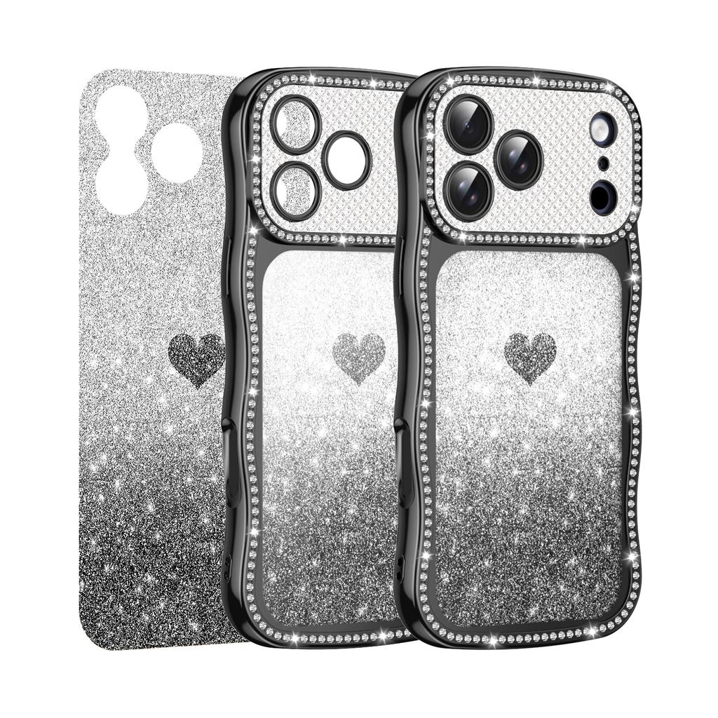 For iPhone 17 Promax/16 Pro/15 Plus Heart design Diamond Soft tpu gel cover case, Bling Bling Chrome case for iPhone 13/14 Pro