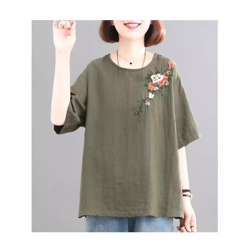 Женская ретро футболка в корейском стиле большого размера с вышивкой из хлопка и льна