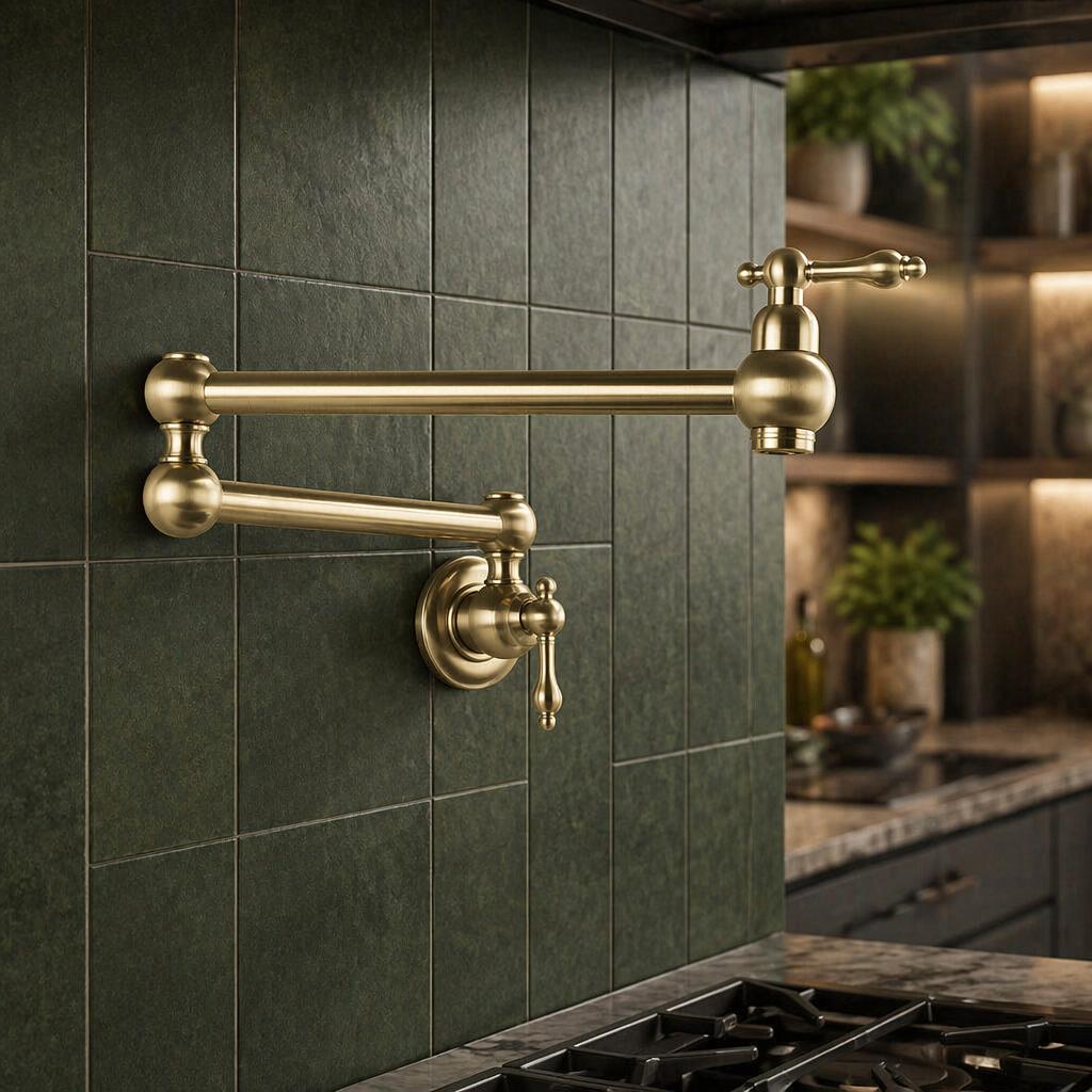 Commercial Modern Brushed Gold Brass Single Handle Double Joint Spout Folding Wall-Mounted Pot Filler Kitchen Faucet